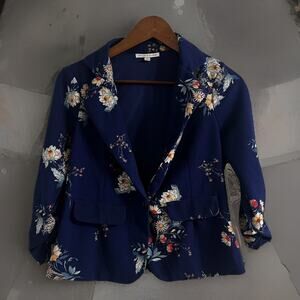 Crescent & Willough Women's Blazer Size M Navy Blue Floral One Button 3/4 Sleeve